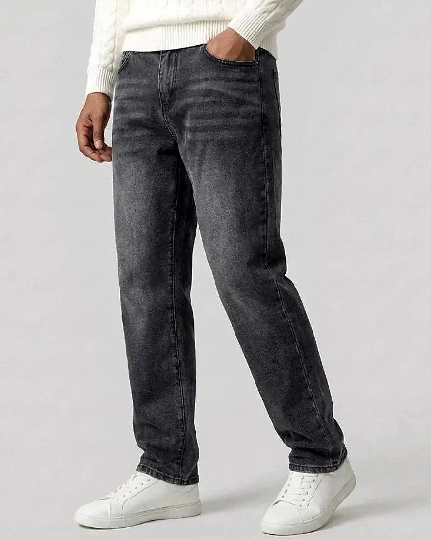 Men's Straight Leg Jeans Dark Grey & Light Blue Denim Mid-Rise Stretch - Valedrian