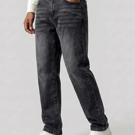 Men's Straight Leg Jeans Dark Grey & Light Blue Denim Mid-Rise Stretch - Valedrian