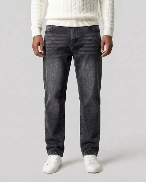 Men's Straight Leg Jeans Dark Grey & Light Blue Denim Mid-Rise Stretch - Valedrian — view 2