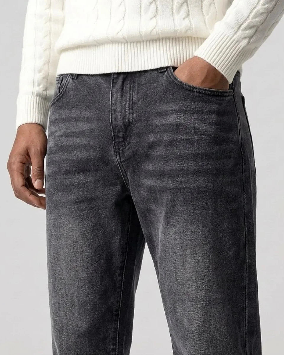 Men's Straight Leg Jeans Dark Grey & Light Blue Denim Mid-Rise Stretch - Valedrian — view 6