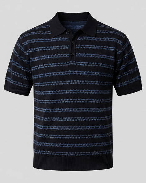 Men's Striped Crochet Knit Polo Shirt – Beige & Black, S–3XL | Valedrian — view 10