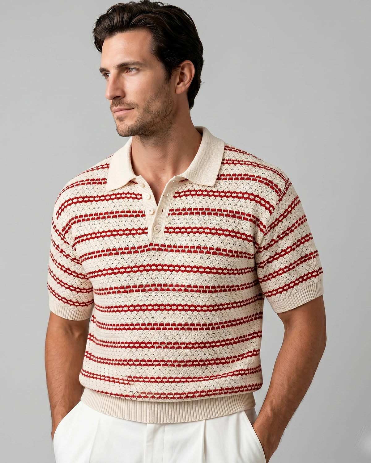Men's Striped Crochet Knit Polo Shirt – Beige & Black, S–3XL | Valedrian — view 11