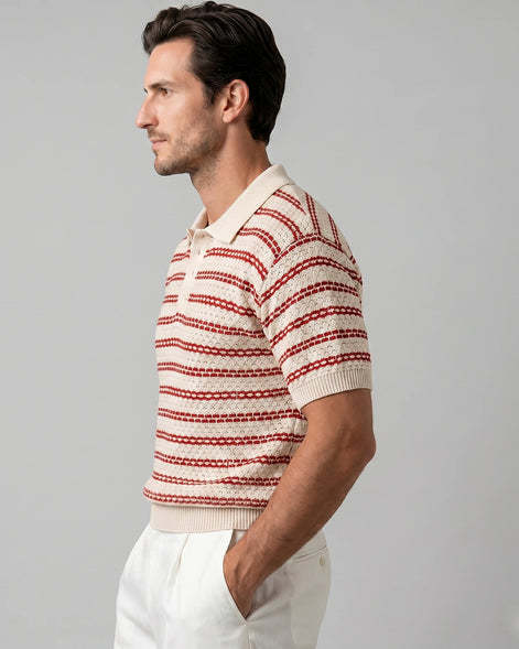 Men's Striped Crochet Knit Polo Shirt – Beige & Black, S–3XL | Valedrian — view 12