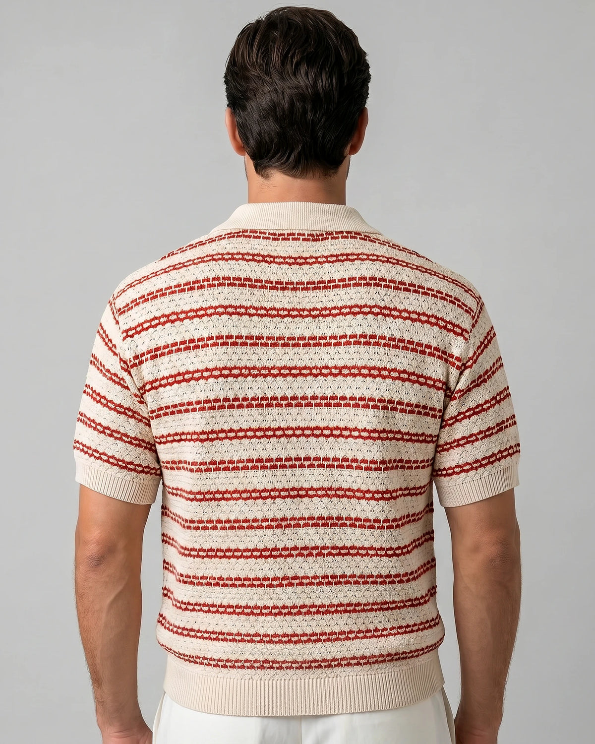 Men's Striped Crochet Knit Polo Shirt – Beige & Black, S–3XL | Valedrian — view 13