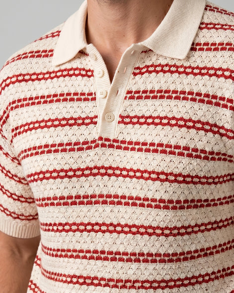 Men's Striped Crochet Knit Polo Shirt – Beige & Black, S–3XL | Valedrian — view 14
