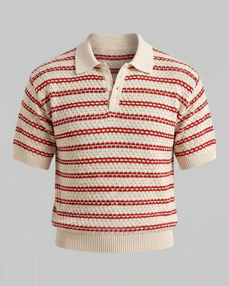 Men's Striped Crochet Knit Polo Shirt – Beige & Black, S–3XL | Valedrian — view 15