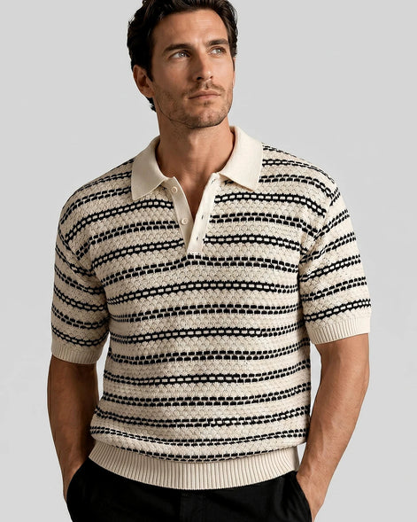 Men's Striped Crochet Knit Polo Shirt – Beige & Black, S–3XL | Valedrian
