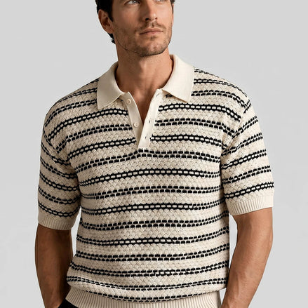 Men's Striped Crochet Knit Polo Shirt – Beige & Black, S–3XL | Valedrian