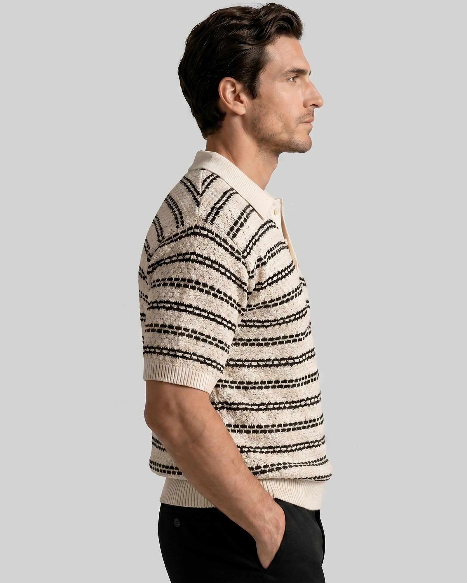 Men's Striped Crochet Knit Polo Shirt – Beige & Black, S–3XL | Valedrian — view 2