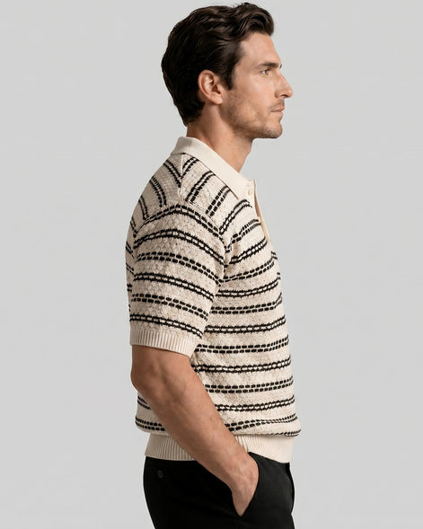 Men's Striped Crochet Knit Polo Shirt – Beige & Black, S–3XL | Valedrian — view 2