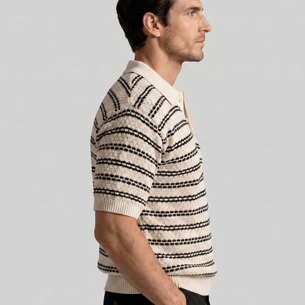Men's Striped Crochet Knit Polo Shirt – Beige & Black, S–3XL | Valedrian — view 2
