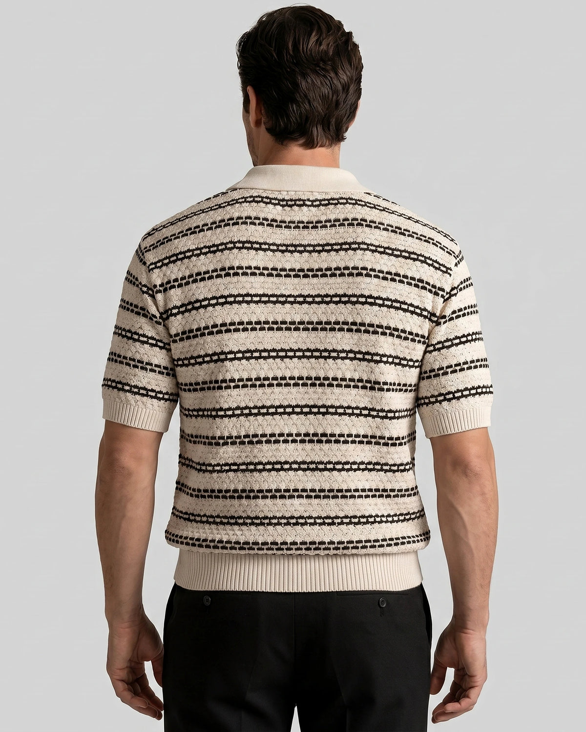 Men's Striped Crochet Knit Polo Shirt – Beige & Black, S–3XL | Valedrian — view 3