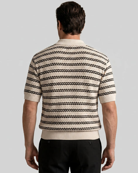 Men's Striped Crochet Knit Polo Shirt – Beige & Black, S–3XL | Valedrian — view 3