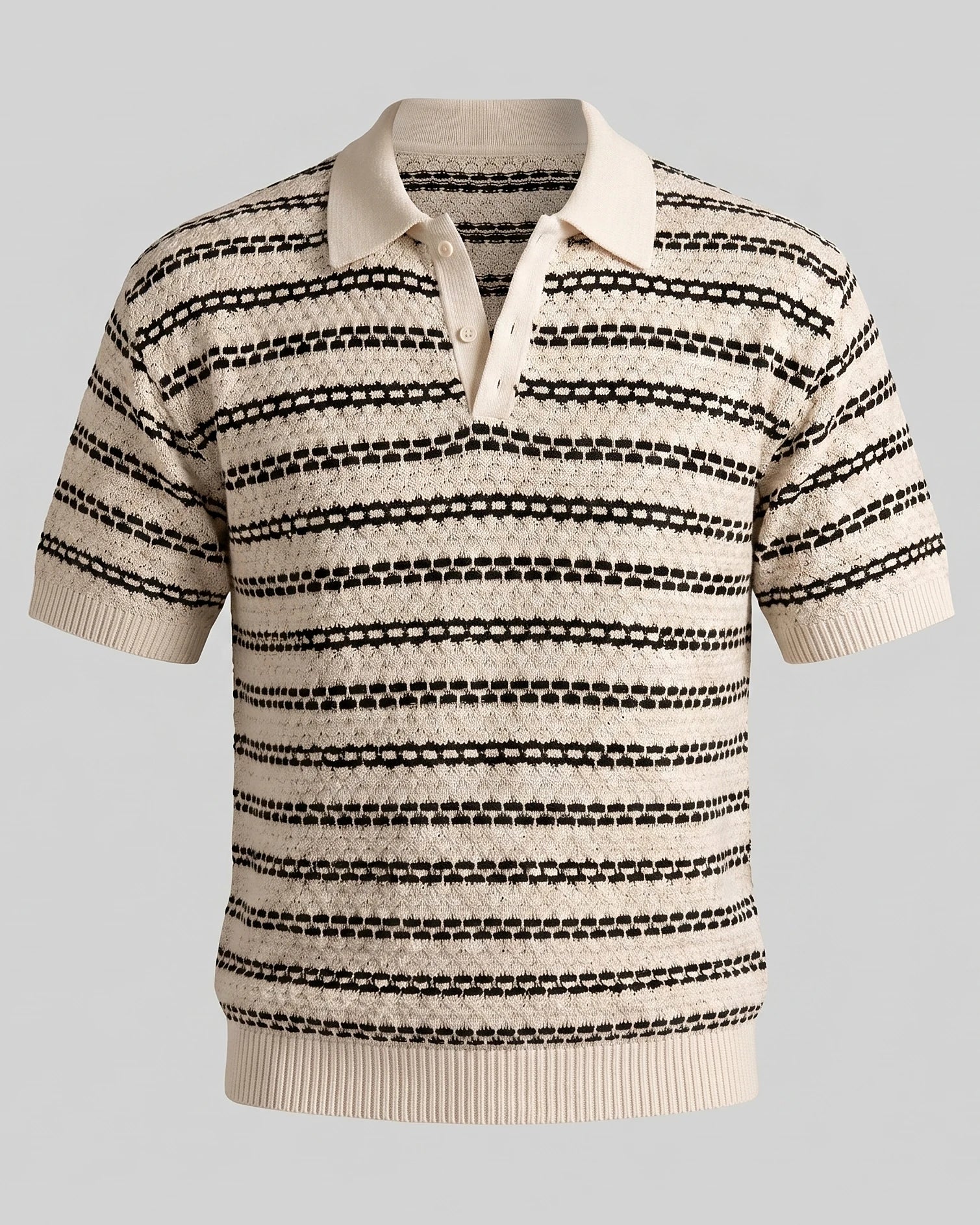 Men's Striped Crochet Knit Polo Shirt – Beige & Black, S–3XL | Valedrian — view 5