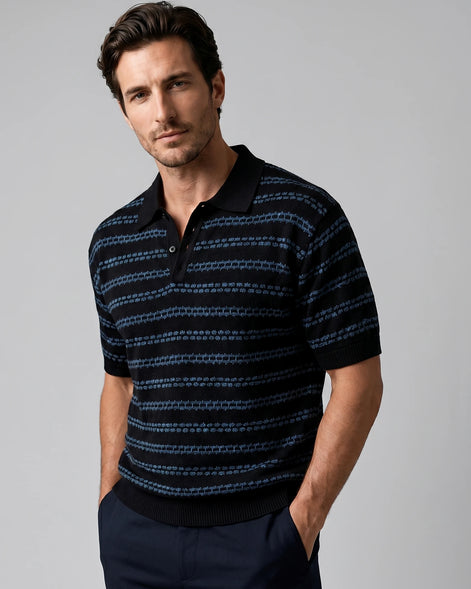 Men's Striped Crochet Knit Polo Shirt – Beige & Black, S–3XL | Valedrian — view 6