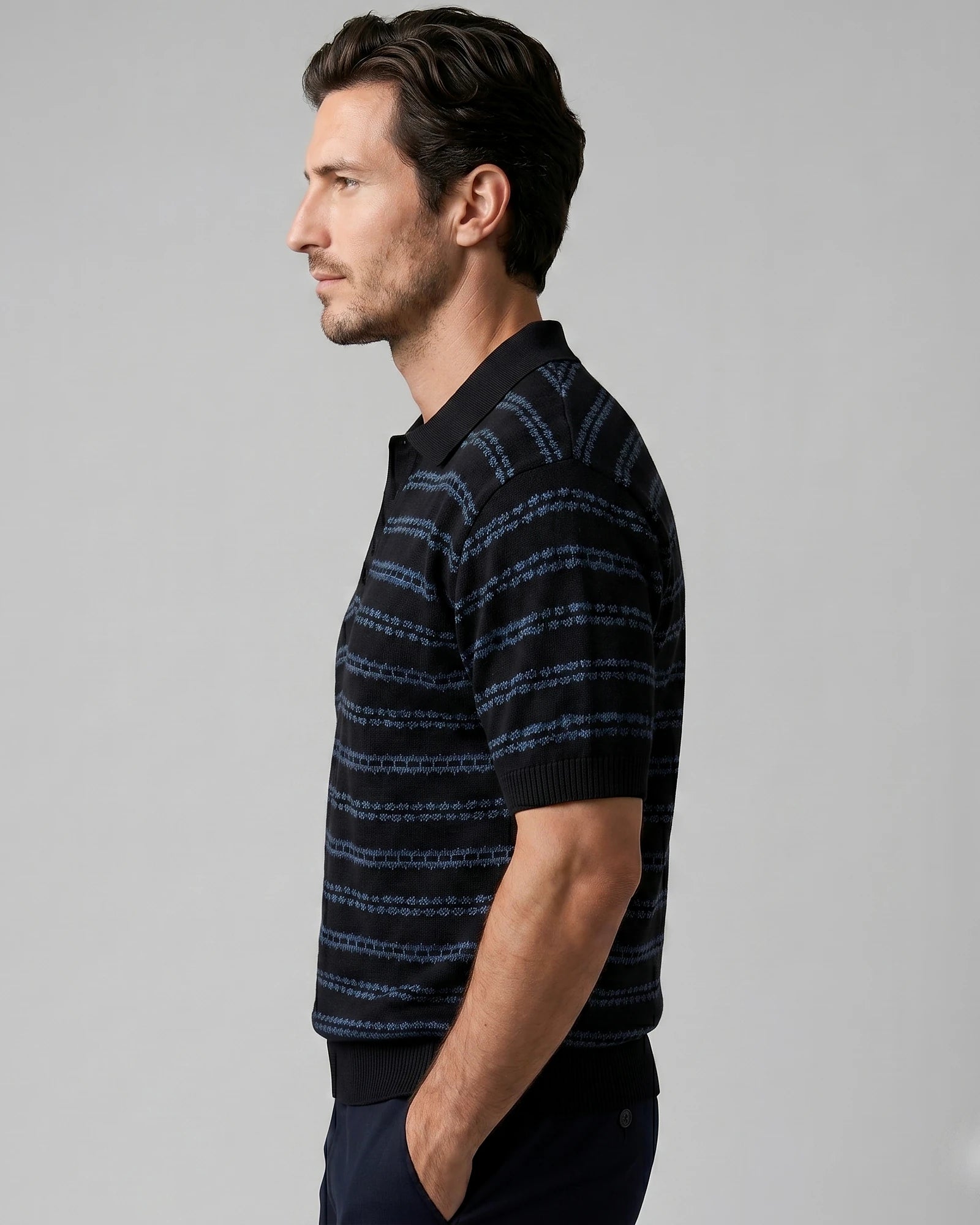 Men's Striped Crochet Knit Polo Shirt – Beige & Black, S–3XL | Valedrian — view 7