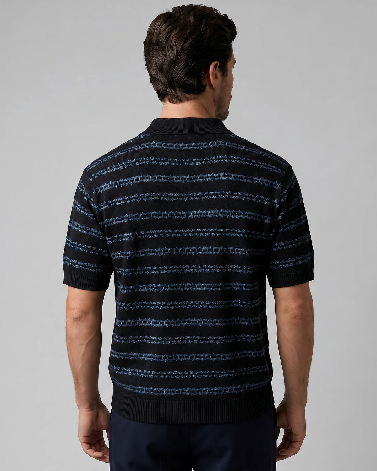Men's Striped Crochet Knit Polo Shirt – Beige & Black, S–3XL | Valedrian — view 8