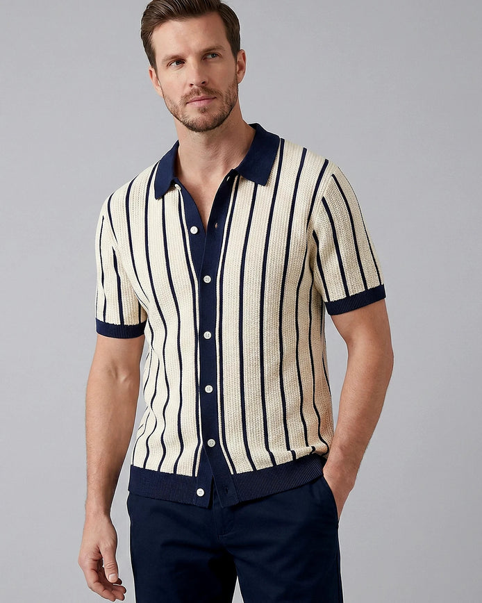 Men's Striped Knit Polo Shirt White Short Sleeve Sizes M–3XL - Valedrian