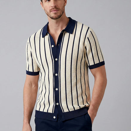 Men's Striped Knit Polo Shirt White Short Sleeve Sizes M–3XL - Valedrian