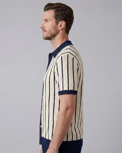Men's Striped Knit Polo Shirt White Short Sleeve Sizes M–3XL - Valedrian — view 2