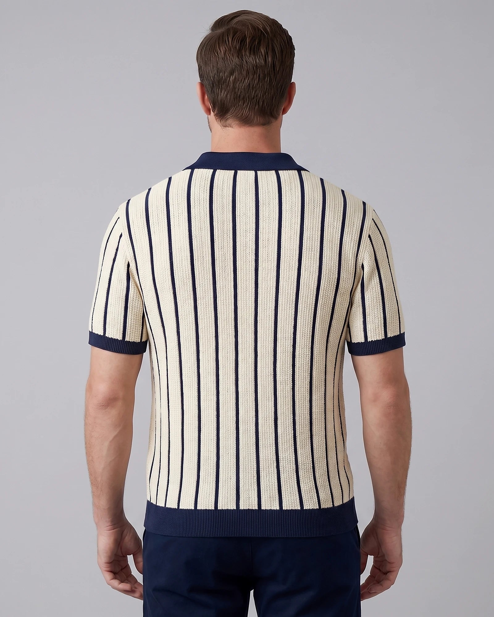 Men's Striped Knit Polo Shirt White Short Sleeve Sizes M–3XL - Valedrian — view 3