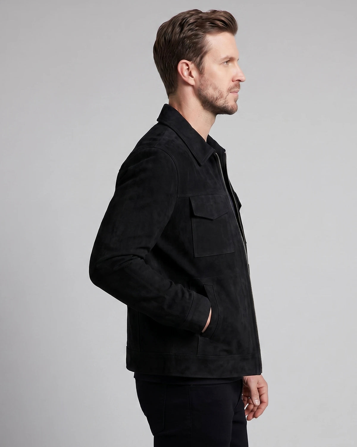 Men's Suede Blend Jacket Zip-Collar Grey & Black Casual Outerwear - Valedrian — view 10