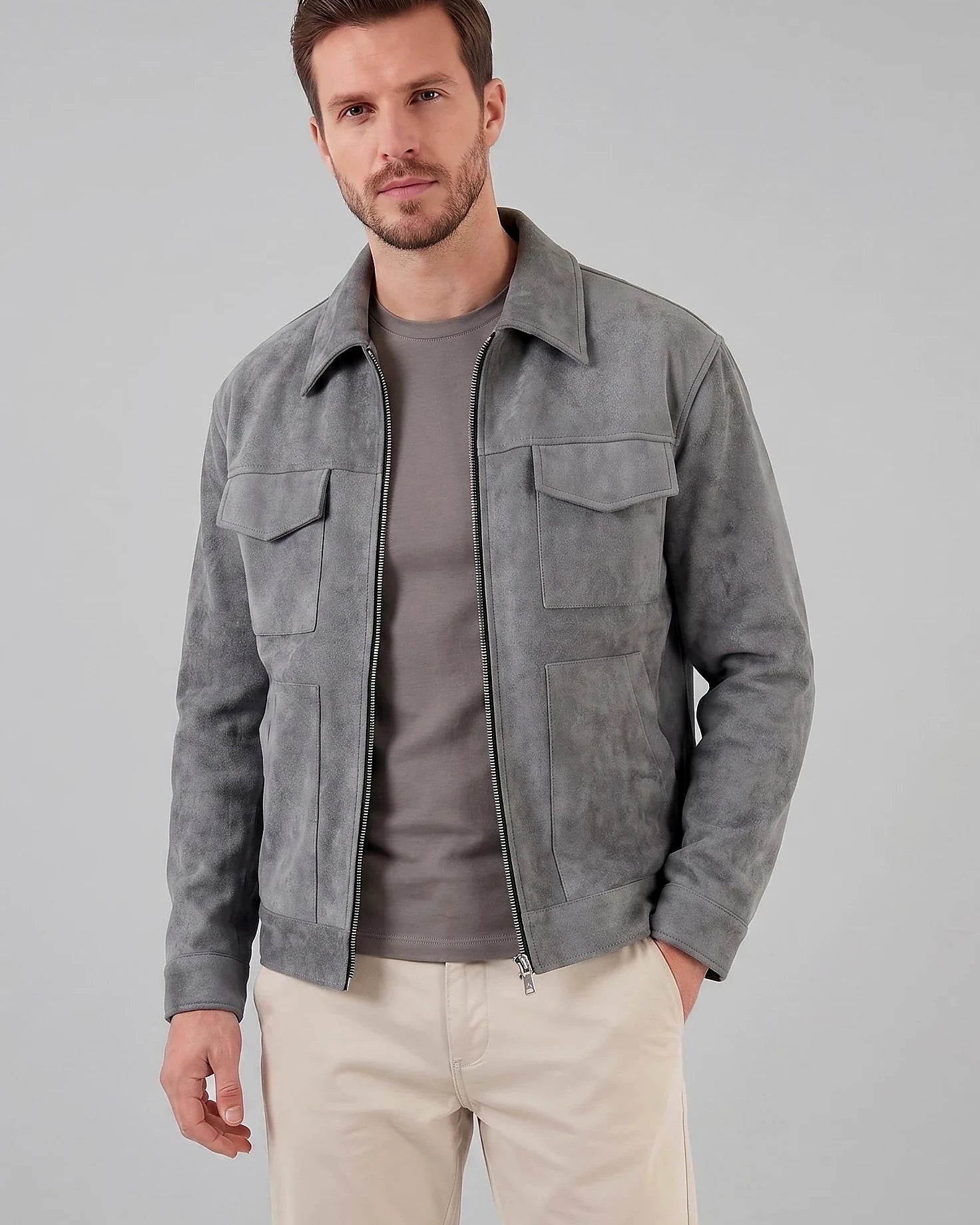 Men's Suede Blend Jacket Zip-Collar Grey & Black Casual Outerwear - Valedrian