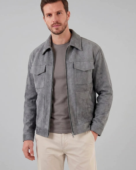 Men's Suede Blend Jacket Zip-Collar Grey & Black Casual Outerwear - Valedrian