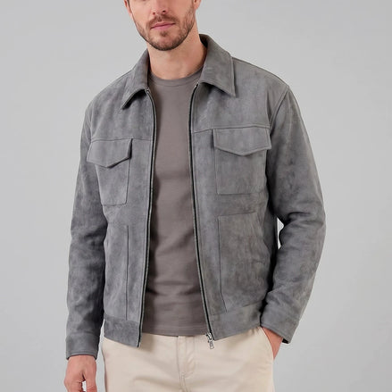 Men's Suede Blend Jacket Zip-Collar Grey & Black Casual Outerwear - Valedrian