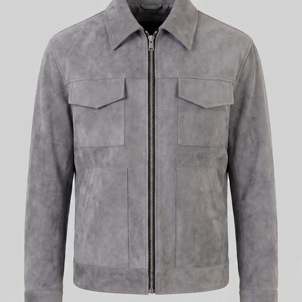 Men's Suede Blend Jacket Zip-Collar Grey & Black Casual Outerwear - Valedrian — view 2