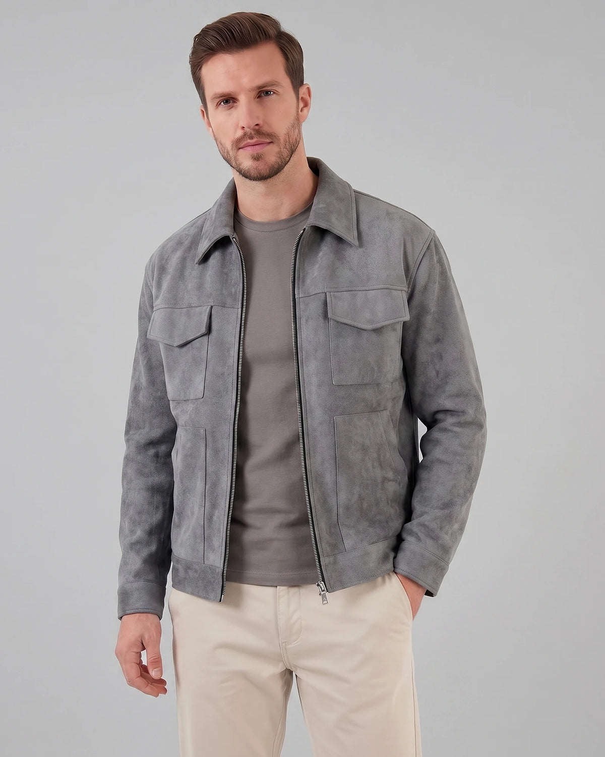 Men's Suede Blend Jacket Zip-Collar Grey & Black Casual Outerwear - Valedrian — view 3