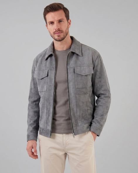Men's Suede Blend Jacket Zip-Collar Grey & Black Casual Outerwear - Valedrian — view 3