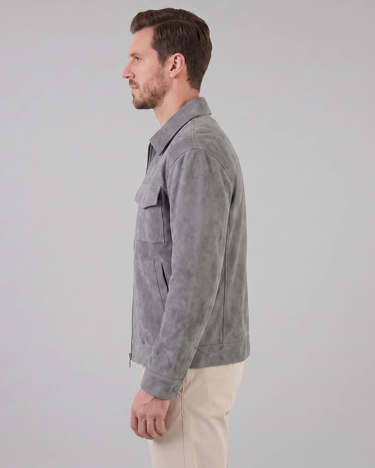 Men's Suede Blend Jacket Zip-Collar Grey & Black Casual Outerwear - Valedrian — view 6