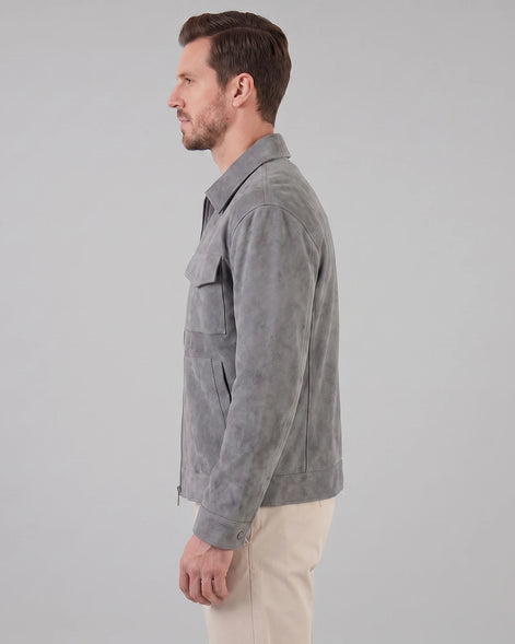 Men's Suede Blend Jacket Zip-Collar Grey & Black Casual Outerwear - Valedrian — view 6