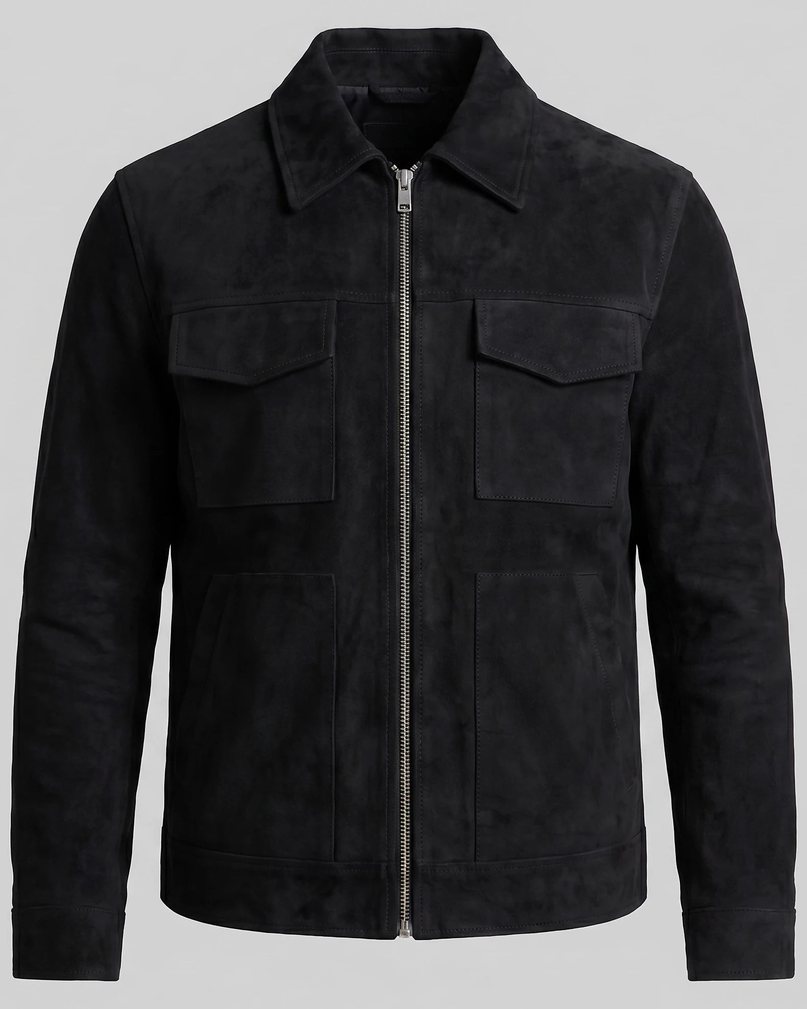 Men's Suede Blend Jacket Zip-Collar Grey & Black Casual Outerwear - Valedrian — view 7