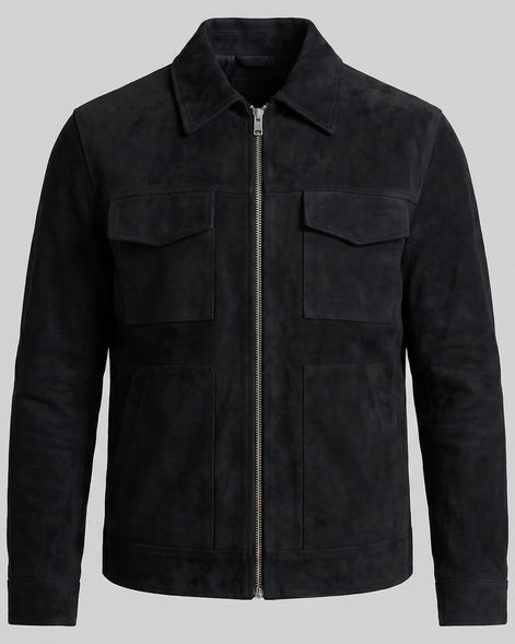Men's Suede Blend Jacket Zip-Collar Grey & Black Casual Outerwear - Valedrian — view 7
