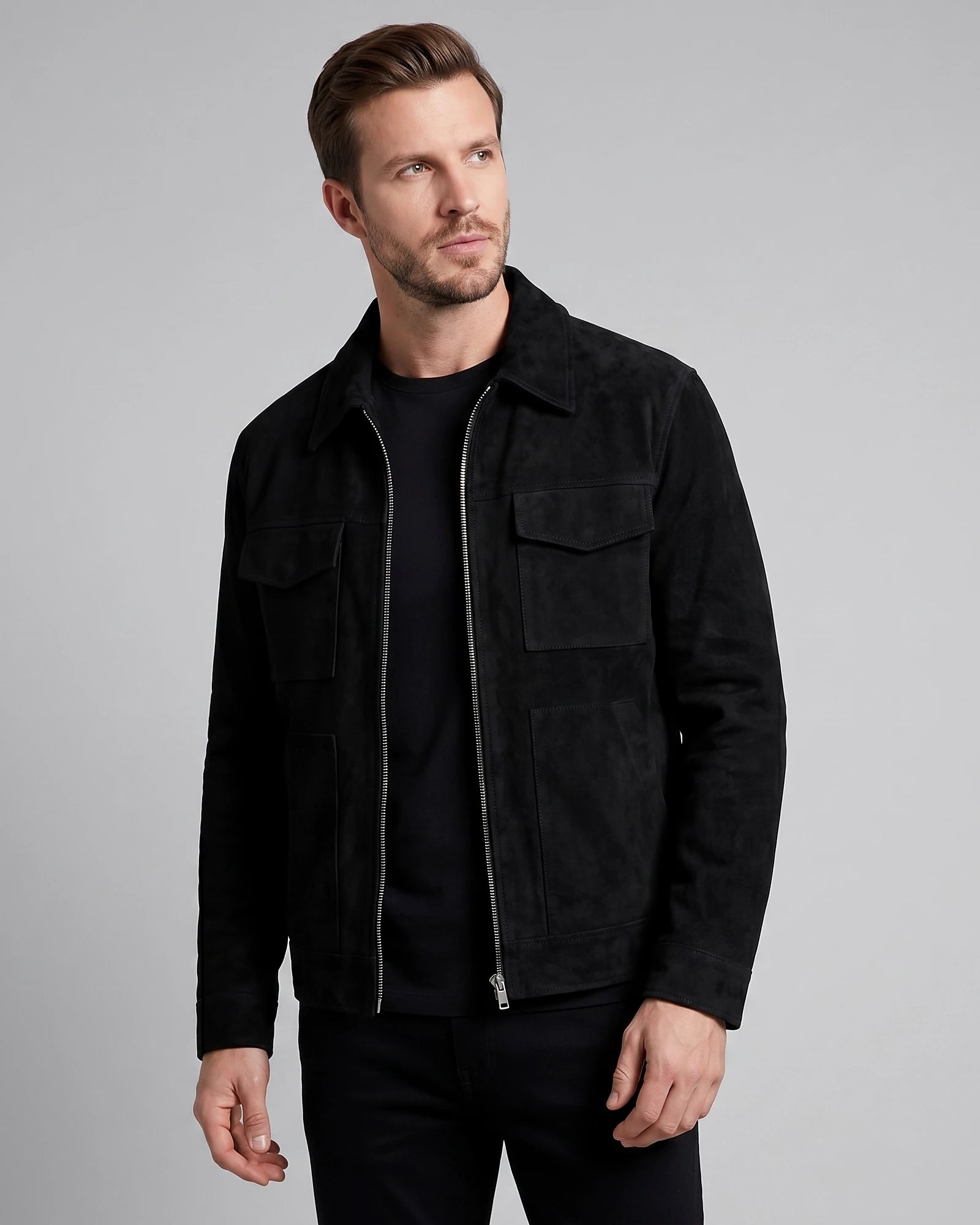 Men's Suede Blend Jacket Zip-Collar Grey & Black Casual Outerwear - Valedrian — view 8