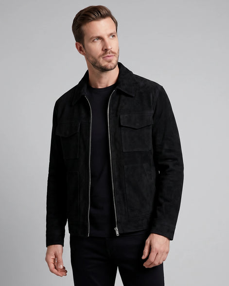 Men's Suede Blend Jacket Zip-Collar Grey & Black Casual Outerwear - Valedrian — view 8
