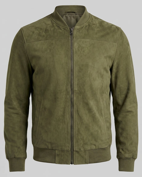 Men's Suede-Effect Bomber Jacket Ribbed Collar Full Zip Brown Green - Valedrian — view 10