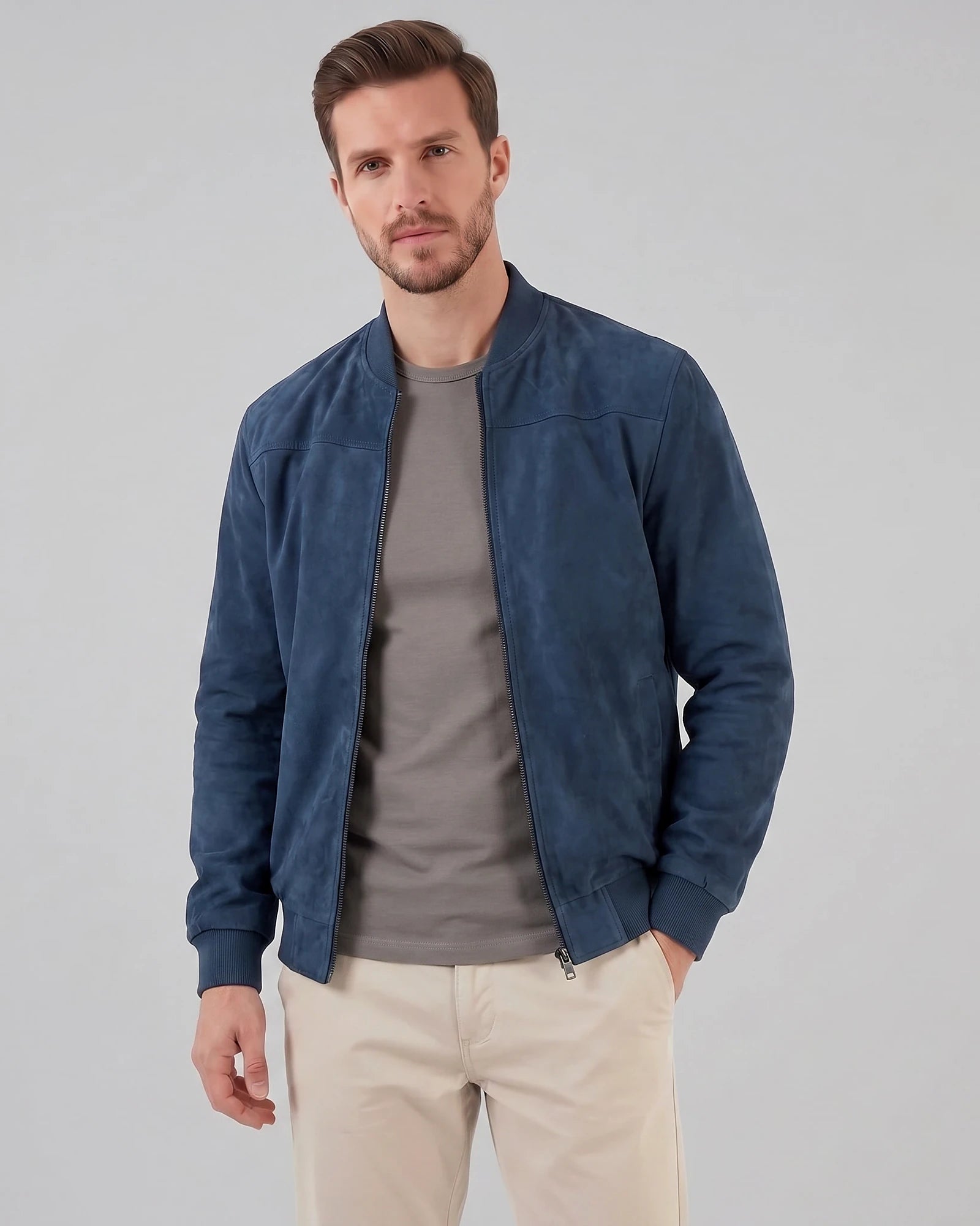 Men's Suede-Effect Bomber Jacket Ribbed Collar Full Zip Brown Green - Valedrian — view 11