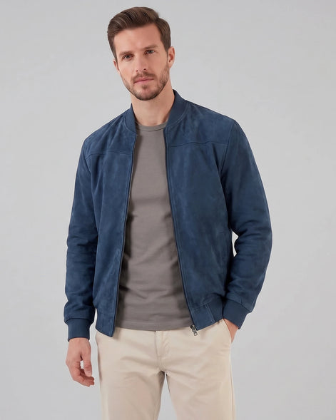 Men's Suede-Effect Bomber Jacket Ribbed Collar Full Zip Brown Green - Valedrian — view 11