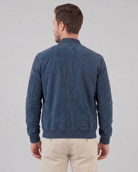 Men's Suede-Effect Bomber Jacket Ribbed Collar Full Zip Brown Green - Valedrian — view 13