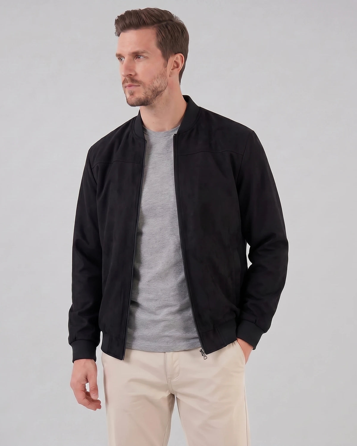 Men's Suede-Effect Bomber Jacket Ribbed Collar Full Zip Brown Green - Valedrian — view 16