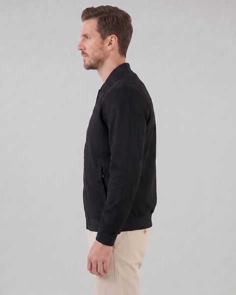 Men's Suede-Effect Bomber Jacket Ribbed Collar Full Zip Brown Green - Valedrian — view 17
