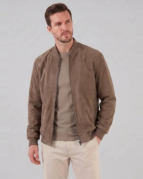 Men's Suede-Effect Bomber Jacket Ribbed Collar Full Zip Brown Green - Valedrian
