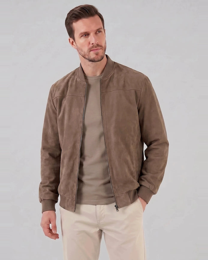 Men's Suede-Effect Bomber Jacket Ribbed Collar Full Zip Brown Green - Valedrian