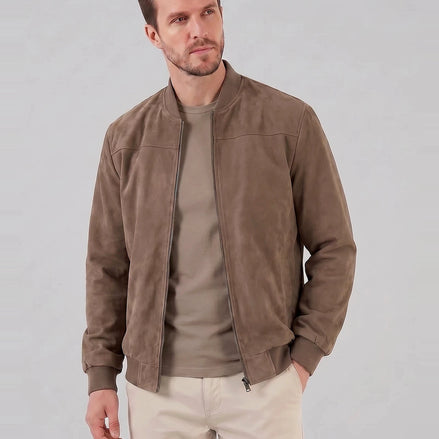 Men's Suede-Effect Bomber Jacket Ribbed Collar Full Zip Brown Green - Valedrian