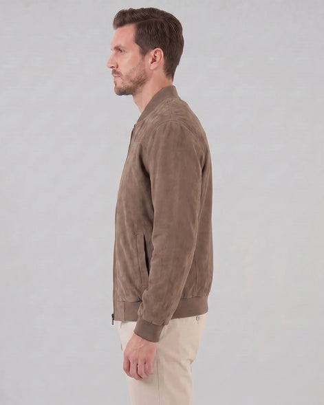 Men's Suede-Effect Bomber Jacket Ribbed Collar Full Zip Brown Green - Valedrian — view 2
