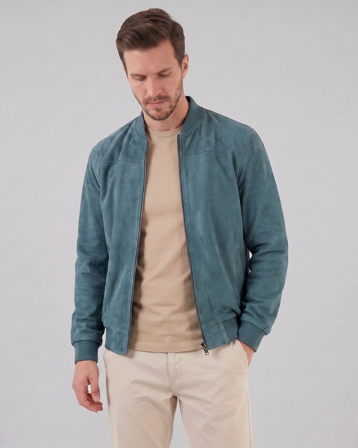 Men's Suede-Effect Bomber Jacket Ribbed Collar Full Zip Brown Green - Valedrian — view 21