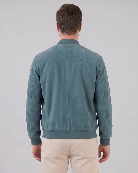 Men's Suede-Effect Bomber Jacket Ribbed Collar Full Zip Brown Green - Valedrian — view 23